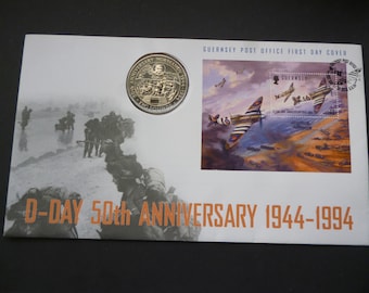 1994 Guernsey D-Day 50e verjaardag munt en postzegel eerste dag omslag