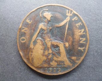1919年 イギリス ジョージ5世発行 1ペニー硬貨。誕生日、記念日、工芸
