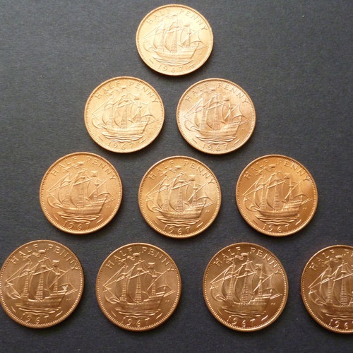 1967 UK Half Penny Coins: Golden Hind Galleon, Queen Elizabeth II (Pack of 10)