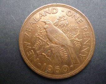 1960 New Zealand Penny Coin: Tui Bird, Queen Elizabeth Craft