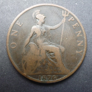 Great Britain 1896 one penny coin, Queen Victoria, an ideal gift or for craft or jewellery making in good used (circulated) condition.
