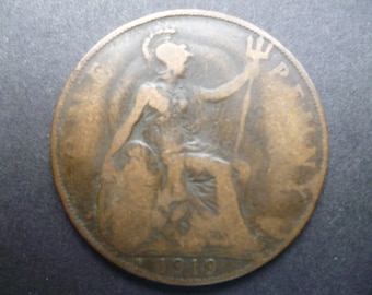 1919年 イギリス ジョージ5世発行 1ペニー硬貨。誕生日、記念日、工芸