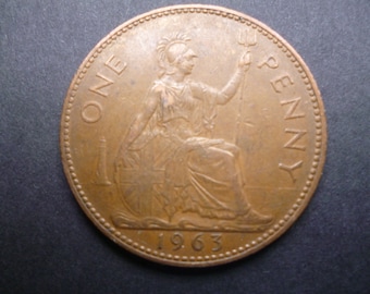 1963 年イギリス 1 ペニー硬貨、エリザベス 2 世女王、良好な中古