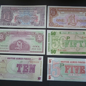 A vintage set of six genuine English Military banknotes/vouchers in unused mint uncirculated condition as issued to the British Armed Forces