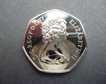1977年 イギリス 50ペンス プルーフ硬貨：エリザベス2世女王、白銅製