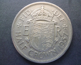 England 1957 Halfcrown coin, ideal gift or for craft or jewellery making in good used (circulated) condition.