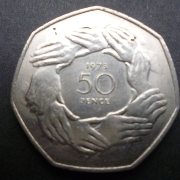 Great Britain 1973 50p coin (fifty pence piece) in good used (circulated) condition, ideal gift or for jewellery or craftmaking projects.