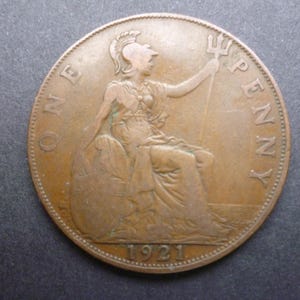 1921 King George V Penny Coin: English Bronze Collectible