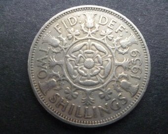 1959 Two Shillings Florin Coin: English Cupro-Nickel Coin for Jewelry