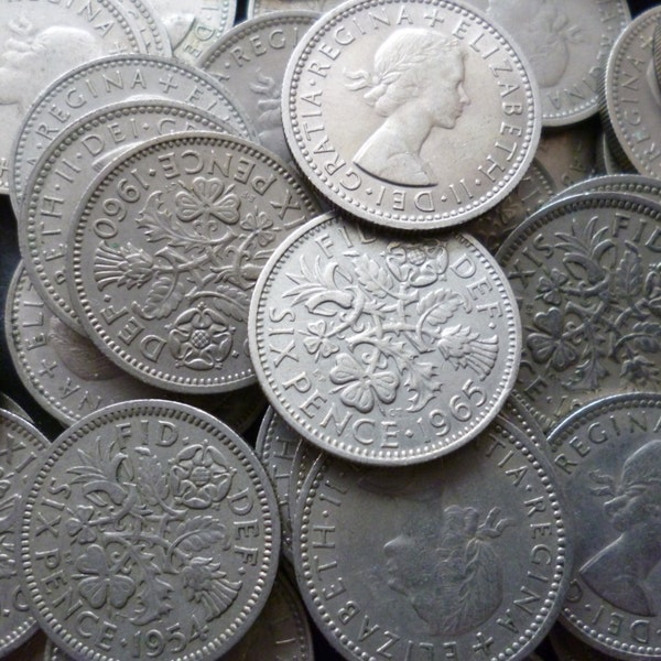 Sixpences a bulk lot of 10 Queen Elizabeth The Second  sixpence coins in good used (circulated) condition, dates range from 1953-1967 inc.