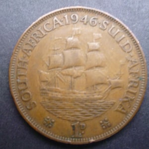 Vintage 1946 South Africa Penny Coin: Dromedaris Ship, King George VI