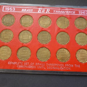 Vintage English Brass Threepence Coin Set: 1953-1967, 12-Sided Coins