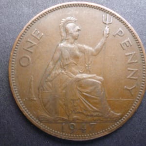 Großbritannien 1947 one penny Münze, King George the Sixth ein ideales Geschenk oder zum Basteln oder zur Schmuckherstellung in gutem gebrauchten (umlaufenden) Zustand.