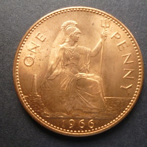 Großbritannien 1966 one penny Münze,Queen Elizabeth 2nd, ein ideales Geschenk oder zum Basteln oder zur Schmuckherstellung in gutem gebrauchten (zirkulierten) Zustand.