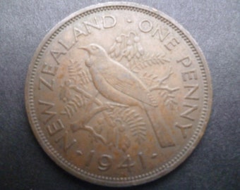 1941 New Zealand Penny Coin: Tui Bird, King George VI, Craft Jewelry