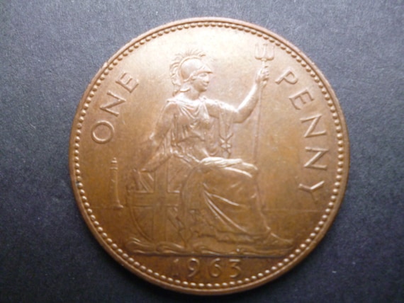 1963 年イギリス 1 ペニー硬貨、エリザベス 2 世女王、良好な中古