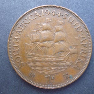 1944 South Africa Penny Coin: Dromedaris Ship, King George VI, Bronze Jewelry Supply