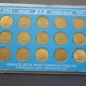 Vintage English Brass Threepence Coin Set: 1953-1967, 12-Sided Coins