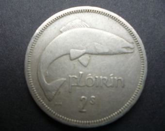 1966 Ireland Florin Coin: Salmon Fish, Cupro-Nickel, Craft Jewelry