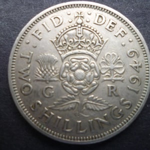 1949 Two Shillings Florin Coin: UK Royal Mint, Jewelry Making