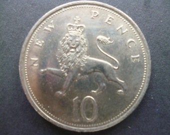 United Kingdom 1974 Ten Pence coin (10p) in circulated (used) condition ideal for jewellery or craftmaking.