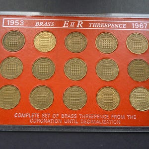 Brass Threepence Coin Set: 1953-1967 Elizabeth II, 12-Sided Coins