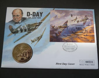 1994 Guernsey D-Day 50e verjaardag munt en postzegel eerste dag omslag