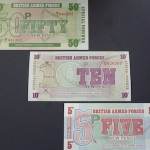 Three British Armed Forces Military 50p, 10p & 5p Banknotes / Special Vouchers 6th series from 1972 crisp uncirculated in mint condition.