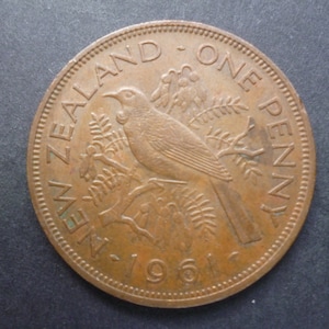 Moeda de um centavo da Nova Zelândia de 1961: Pássaro Tui, Rainha Elizabeth II, Joias artesanais