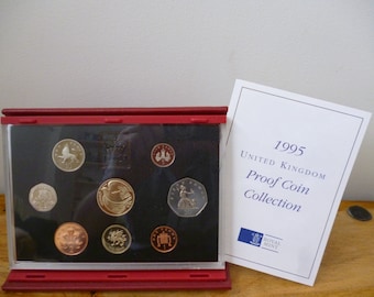 United Kingdom Royal Mint 1995 Proof Eight Coin Year Set housed in Royal Mint red real leather case with leafet.