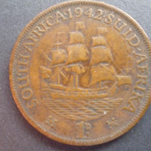 1942 South Africa Penny Coin: Dromedaris Ship, King George VI