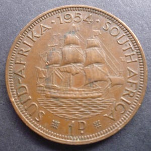 1954 South Africa Penny Coin: Dromedaris Ship, Queen Elizabeth II