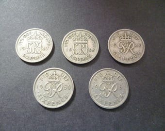 United Kingdom a pack of five Sixpence coins all King George 6th dated 1947, 1948, 1949, 1950, 1951 in good used (circulated) condition.