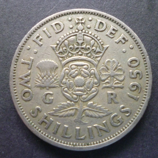 English coin a 1950 Two Shillings (Florin) coin, ideal gift or for craft or jewellery making in good used (circulated) condition.