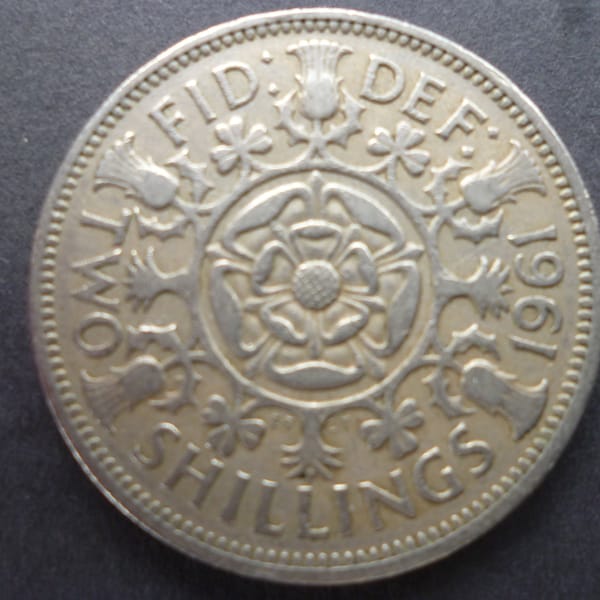 English coin a 1961 Two Shillings (Florin) coin, ideal gift or for craft or jewellery making in good used (circulated) condition.