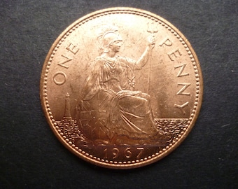 イギリス 1967 年 1 ペニー硬貨、エリザベス 2 世女王、良好な