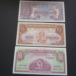 Uncirculated British Armed Forces Military One Pound Banknotes three genuine 1948 series 2, 1956 series 3, and 1962 series 4 One Pound Notes