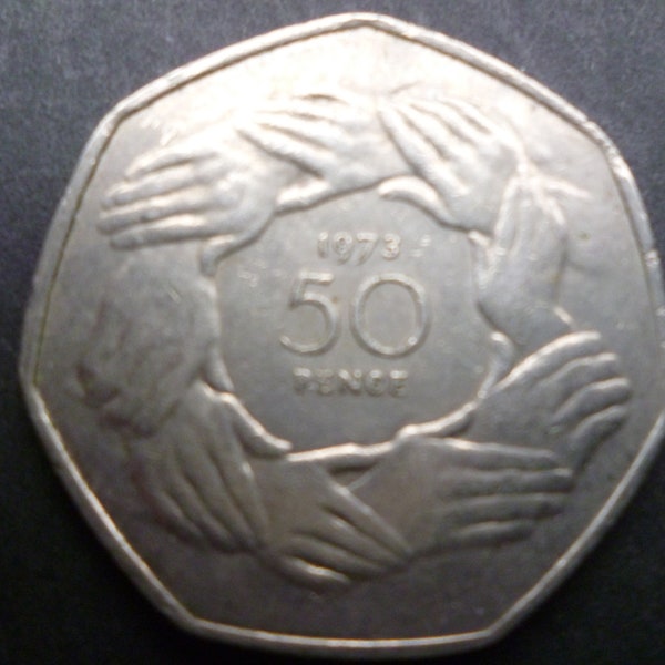 Great Britain 1973 50p coin (fifty pence piece) in good used (circulated) condition, ideal gift or for jewellery or craftmaking projects.