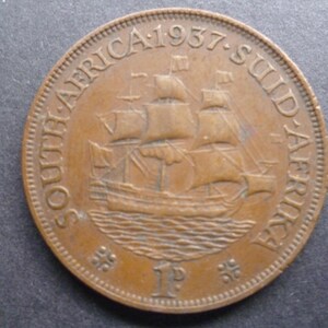 1937 South Africa Penny Coin: Dromedaris Ship, King George VI