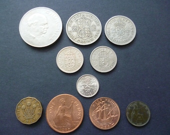 Vintage English Coin Collection: Crown, Shilling, Sixpence, Threepence Set