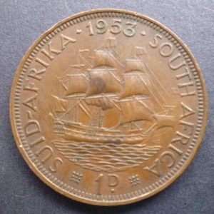 1953 South Africa Penny Coin: Dromedaris Ship, Queen Elizabeth II