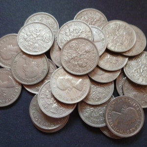 An English sixpence coin select the date and amount from the drop down menu dates range from 1953 to 1967 Cupro Nickel Sixpence for a bride. image 1