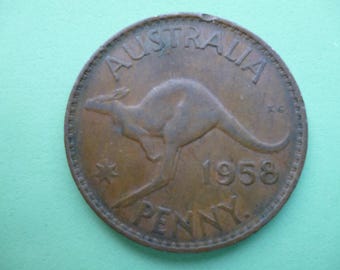 Moneda de un centavo de Australia de 1958: Canguro y Reina Isabel, joyería artesanal