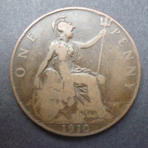 Great Britain 1910 one penny coin, King Edward 7th, an ideal gift or for craft or jewellery making in good used (circulated) condition.