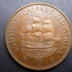 1948 South Africa Penny Coin: Dromedaris Ship, King George VI, Bronze Jewelry Craft