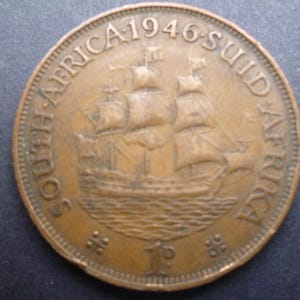 1946 South Africa Penny Coin: Dromedaris Ship, King George VI