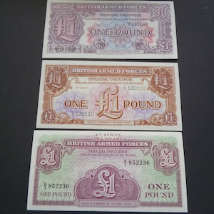 Uncirculated British Military One Pound Banknotes: 1948, 1956, 1962 Set