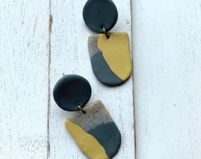 Granite Navy Mustard Slab Earrings; Polymer Clay