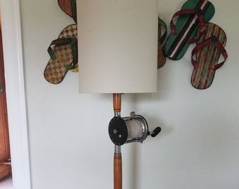 FISHING POLE LAMP,  Antique Fishing Rod and Reel Lamp, Coastal Lamp, Beach Lamp, Coastal Decor, Beach Decor, Nautical Lamp, Nautical Decor