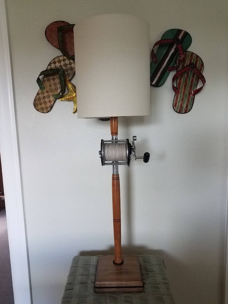 FISHING POLE LAMP, Antique Fishing Rod and Reel Lamp, Coastal Lamp, Beach Lamp, Coastal Decor